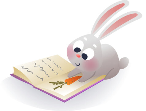 Cute baby bunny reading biik about carrot. Cute children illustration for young readers. Adorable little rabbit learning from open book. Vector hand drawn isolated clip art graphic for kids education