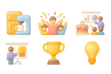 Office celebration icons with trophy, cake, presentation, light bulb, and coffee machine for design projects