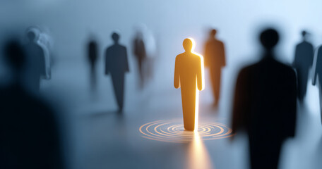 Glowing human figure standing out among blurred dark silhouettes representing individuality and leadership in a conceptual abstract environment