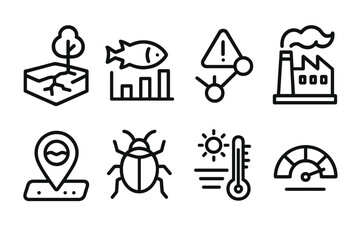 Ecosystem Monitoring Icons. Ecosystem risk monitoring linear set: habitat stress tile, species decline bar, environmental alert node, pollution arc, water quality marker, invasive