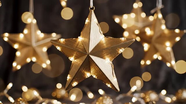 Closeup of illuminated golden christmas star ornament hanging against a dark background with bokeh lights and baubles christmas tree lights