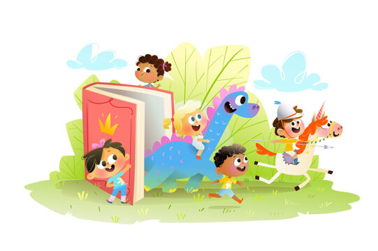Children exploring magical fantasy world of reading books. Happy kids in fairytale book imaginary world riding horse and dinosaur. Vector children illustration for reading books and education.