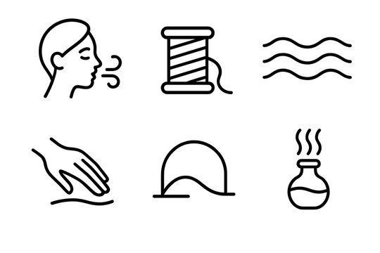 Calming Sensory Icons. Calming Sensory Elements linear set: slow breath icon, silky thread, ambient wave, gentle touch hand, soft shadow arc, calming scent vial.