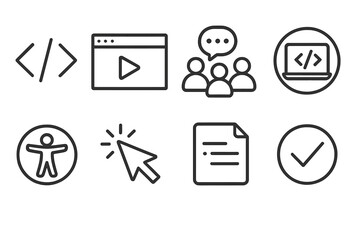 Inclusive Web Workshops Icons. Inclusive Web Workshops linear set: coding brackets, tutorial window, group chat, laptop circle, accessibility icon, cursor pointer, note card,