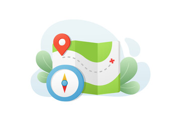 vector illustration of a folded map, a compass, and a location pin symbolizing navigation, exploration, and planning outdoor adventures. Great for travel, hiking, and GPS, map apps, or tourism themes.