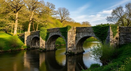 Fototapeta premium A stone bridge arches across a calm river under a cloudy sky. Trees line the banks, dappled sunlight filtering through