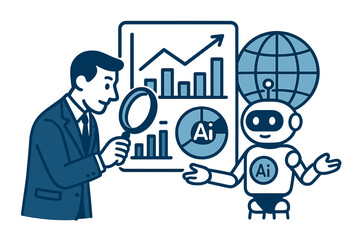 Business professional examining global data with robotic assistant and growth charts