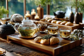 Fototapeta premium Tranquil tea ceremony setup with pastries and candles