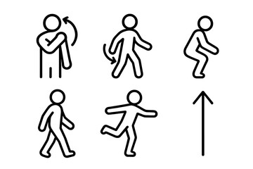Fototapeta premium Routine Motion Icons. Routine Motion Elements linear set: shoulder roll, arm swing, easy squat, hallway walk, balance step, mobility arrow.