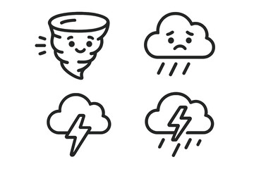 Weather symbols show tornado, rain, and storm with lightning