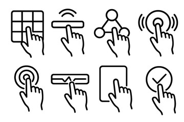 Interactive Touch Icons. Interactive touch pathways linear set: tactile pad tile, haptic feedback bar, gesture node, vibration arc, pressure cue icon, signal pulse strip, touch