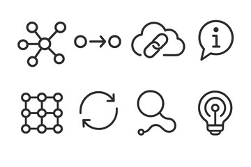 Obraz premium Digital Network Icons. Online Information Networks linear set: network nodes, data flow arrows, cloud link icon, info bubble, connection grid, sync waves, search path, knowledge