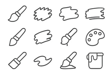 Various paintbrushes and paint strokes with a palette and paint can on a white background