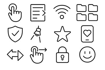 Tech Navigation Icons. Everyday Tech Ease linear set: familiar gestures icon, clear menu path, stable connection indicator, organized files row, safe update check, guidance