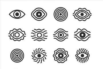 Eye symbols in various styles and designs arranged in a grid pattern on a plain background