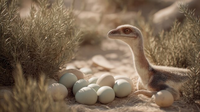 Troodon Hatchling Nesting Among Dinosaur Eggs