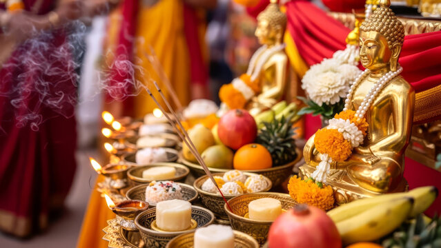 Sacred Buddhist offering with flowers, fruits, incense and statues, honoring Parinirvana Day in devotion.