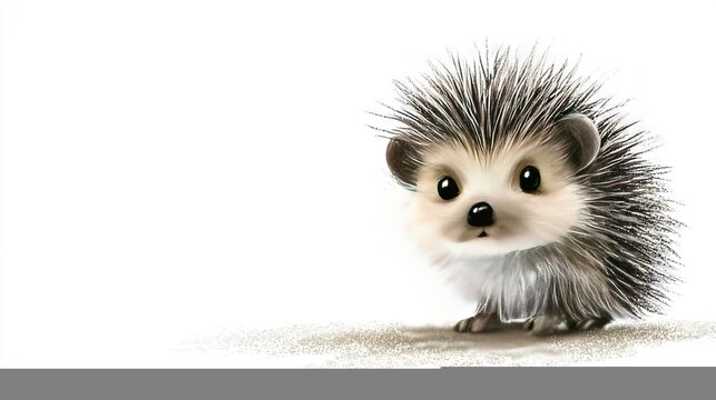   A hedgehog on white floor with black and white photo of its head