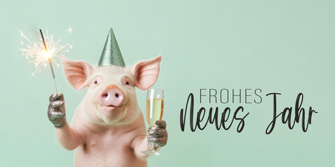 Fototapeta premium Frohes neues Jahr, Neujahr, Silvester, Party, Feier, lustiges Tier, Grußkarte, Karte mit deutschem Text - Süßes Schwein mit Wunderkerze und Sektglas, isoliert auf Hintergrund türkis