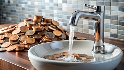 Faucet with coins on the table in the bathroom. Saving money concept