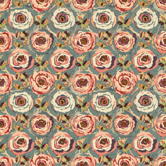Seamless vintage floral pattern with blooming roses in muted pastel colors on a textured background.