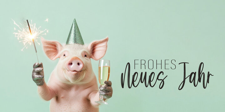 Frohes neues Jahr, Neujahr, Silvester, Party, Feier, lustiges Tier, Gru&szlig;karte, Karte mit deutschem Text - S&uuml;&szlig;es Schwein mit Wunderkerze und Sektglas, isoliert auf Hintergrund t&uuml;rkis