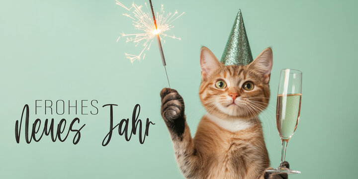 Frohes neues Jahr, Neujahr, Silvester, Party, Feier, lustiges Tier, Gru&szlig;karte, Karte mit deutschem Text - S&uuml;&szlig;e Katze mit Wunderkerze und Sektglas, isoliert auf Hintergrund t&uuml;rkis