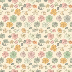 A charming seamless pattern features delicate hand-drawn roses and leaves in soft pastel hues, creating a beautiful vintage floral background.