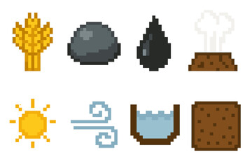 Nature Resource Icons. Fundamental natural resources set of icons in flat pixel vector style: grain bundle, river stone, crude oil droplet, geothermal steam icon, sunlight symbol,