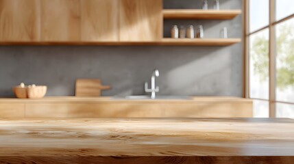 Wooden kitchen countertop in bright modern interior with natural sunlight illuminating minimalist warm home