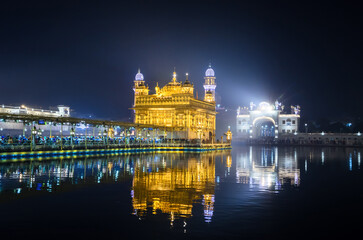 Golden Temple at night in Amritsar, Punjab, India.