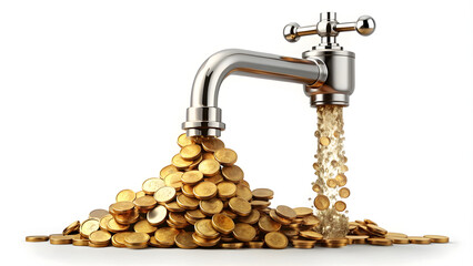 Faucet with gold coins isolated on white background, business concept