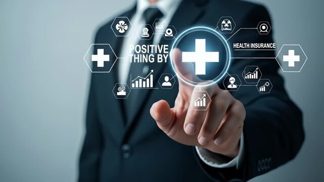 Man In Black Suit Touching Plus Sign On Screen With Blue Illumination And White Text Over Gray Background Representing Adding Positivity