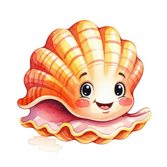Watercolor Smiling Cartoon Seashell Character isolated on a transparent background