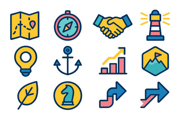 Fototapeta premium Development Icons Collection. Development Journey Icons flat set: learning map tile, curiosity compass, teamwork handshake, communication beacon, creative idea ring, focus anchor,