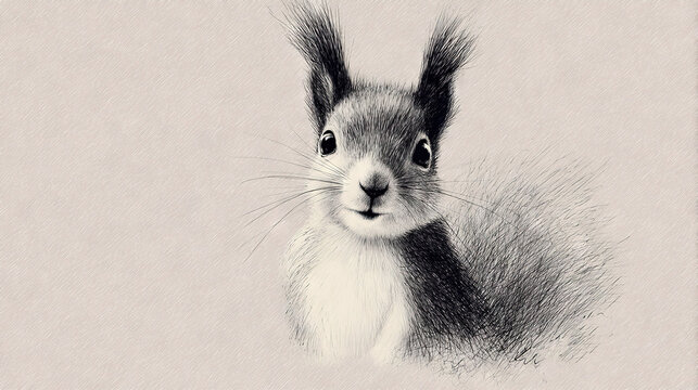   A monochrome illustration of a squirrel gazing at the viewer with an expression of inquisition on its countenance