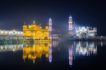 Golden Temple at night in Amritsar, Punjab, India.