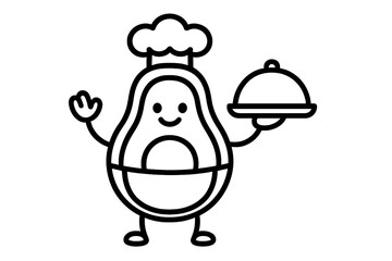 Charming avocado chef mascot holding a covered serving dish