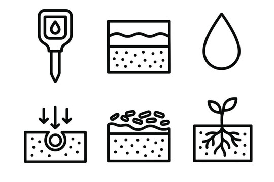Soil & Water Management. Soil & Water Management linear set: moisture meter, soil layers, water droplet, drainage hole, mulch layer, root zone.
