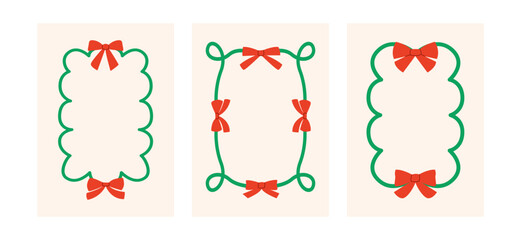 Vintage christmas hand drawn frames with red bows. Set of holiday greeting card templates
