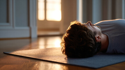 Young man lying on yoga mat indoors with warm sunlight streaming through window in peaceful home setting