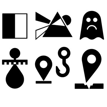 Brutalist Mind Icons. Mental distortion motifs silhouette set: polarized thinking block, meaning distortion prism, negative spotlight, unfounded fear icon, belief rigidity bar,