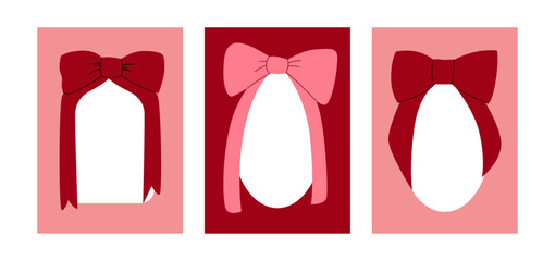 Set of cards with coquette frames. Vector hand drawn  bow illustrations. Holiday clipart for greeting cards, invitations, etc.