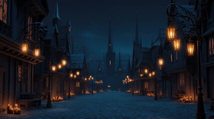 Obraz premium Moonlit Medieval Street Lined With Lanterns