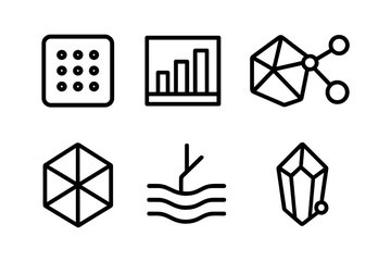 Crystallization Pathway Icons. Crystallization pathways linear set: nucleation point tile, lattice rise bar, facet edge node, molecular link, symmetry plate, branching line, layer