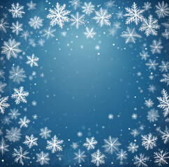 Frosty winter snowflakes background with falling snowflakes and bokeh lights with copy space