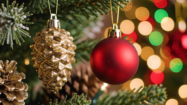 Close up of christmas tree ornaments, gold glitter pinecone and red bauble, with colorful bokeh lights in the background christmas tree lights