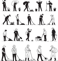 Obraz premium Collection of black and white illustrations depicting people gardening and farming tasks