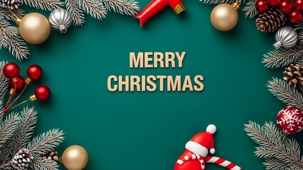 Festive christmas flat lay with ornaments pine branches and a merry christmas message on a teal background
