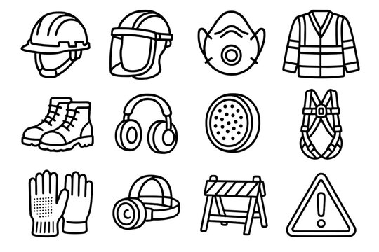 Safety Equipment Icons. Extraction & Build Safety Set linear set: reinforced helmet, face shield, dust mask, reflective jacket, rugged boots, ear muffs, particulate filter,
